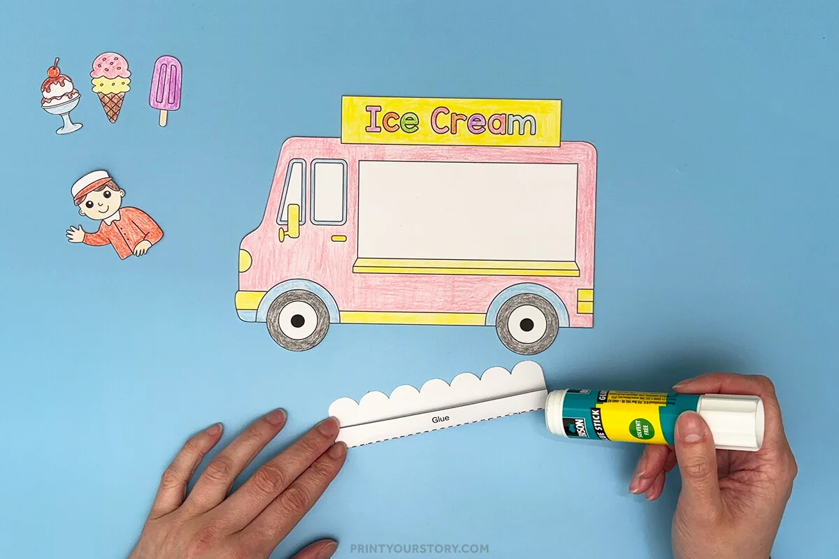 Applying glue to a paper strip for an ice cream truck craft printable