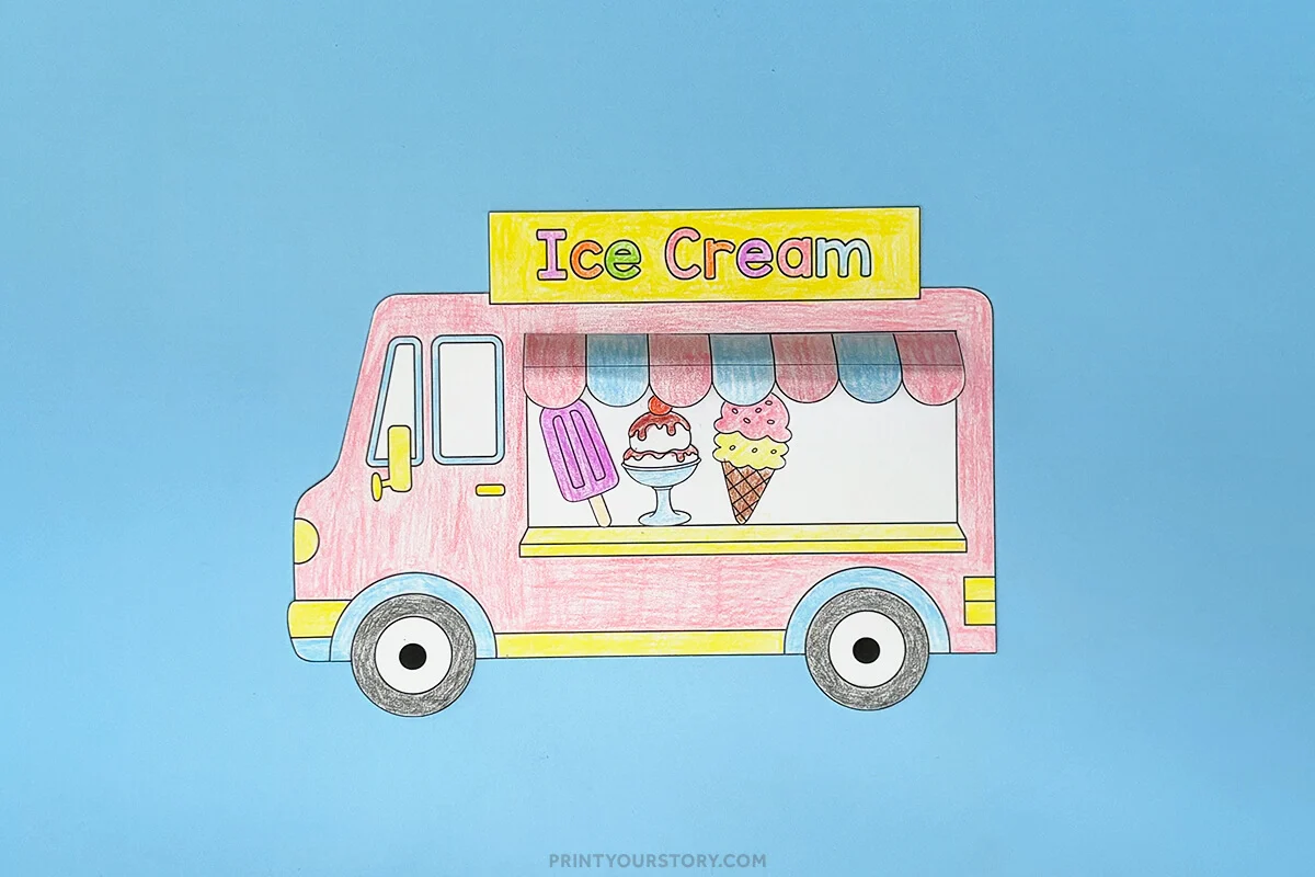 Colored ice cream truck craft printable with awning, treats, and Ice Cream sign on blue paper