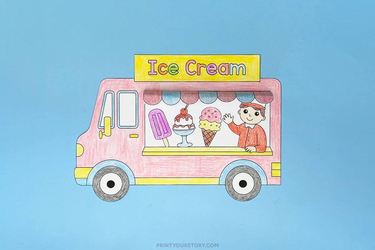 Colored printable ice cream truck craft with vendor and treats on blue background