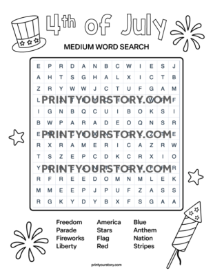 4th of July medium word search printable with holiday-themed words and patriotic illustrations