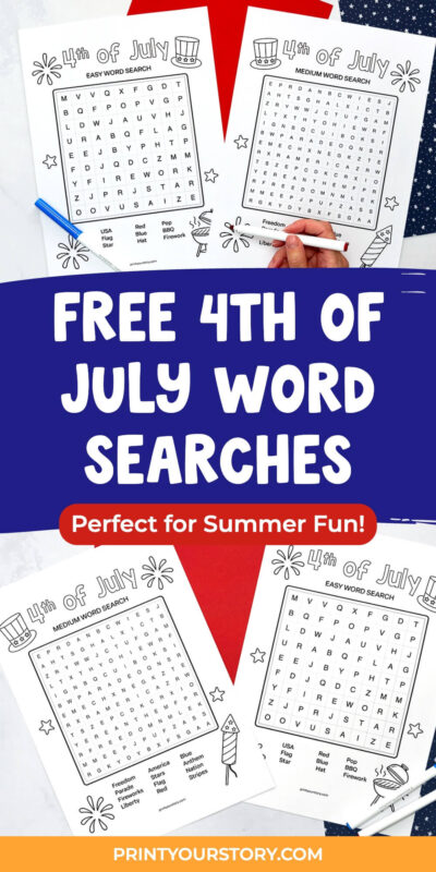 Collage of free 4th of July word search printables featuring easy and medium patriotic puzzles for kids, with Independence Day-themed graphics and markers