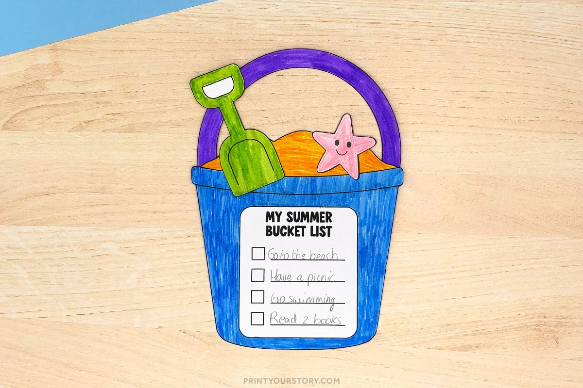 Colored beach bucket summer bucket list craft with shovel, sand, starfish, and handwritten checklist