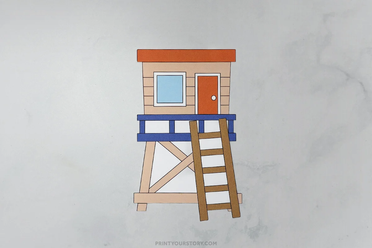 Cut-and-paste lifeguard tower craft with ladder, window, and red door