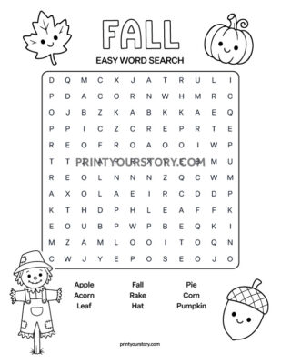 Easy fall word search printable with a letter grid, autumn icons, and a word list including apple, acorn, leaf, pie, and pumpkin