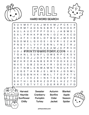 Hard fall word search printable worksheet with autumn doodles and a word list at the bottom