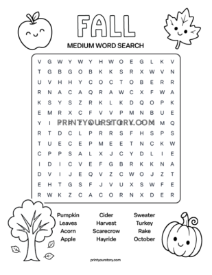 Medium fall word search printable with autumn-themed border and word list including pumpkin, leaves, and scarecrow