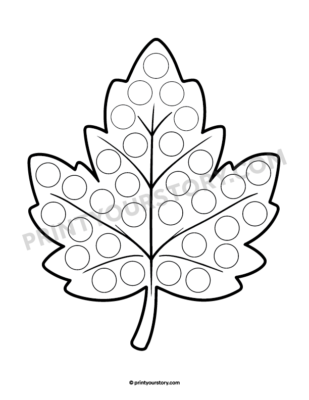 Free printable fall dot marker page featuring a leaf, black and white line-art