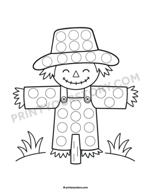 Free printable fall dot marker page featuring a smiling scarecrow and grass, black and white line-art