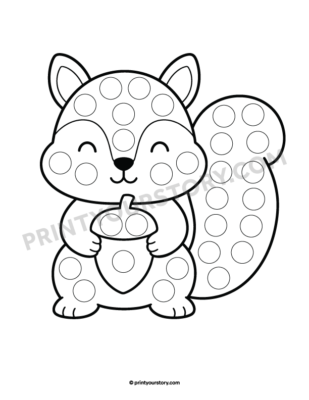 Free printable fall dot marker page featuring a squirrel holding an acorn, black and white line-art
