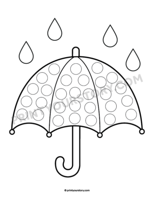 Free printable fall dot marker page featuring an umbrella and raindrops, black and white line-art