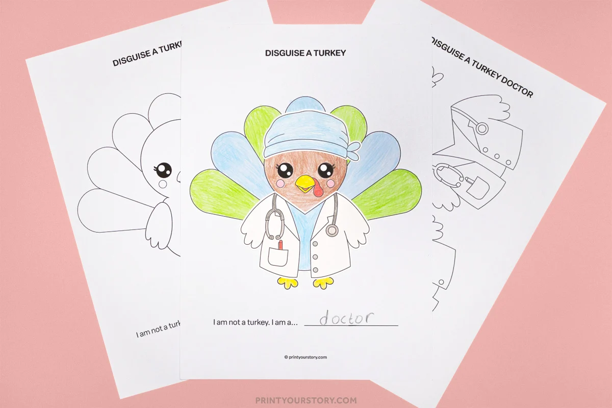 Three Disguise a Turkey doctor printable worksheets, including a colored turkey in doctor clothes and cutout pieces