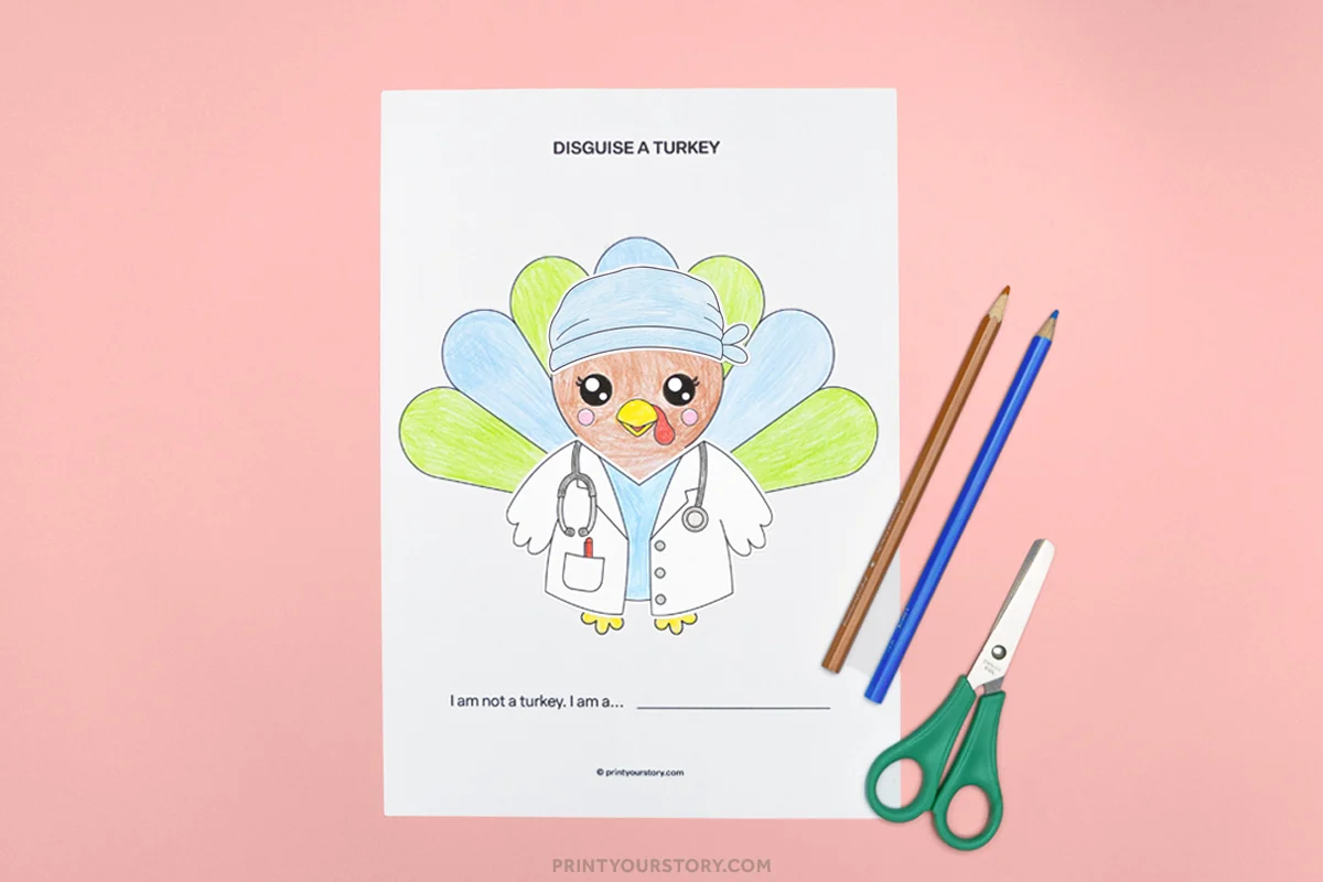 Colored disguise a turkey doctor printable with pencils and scissors on a pink background