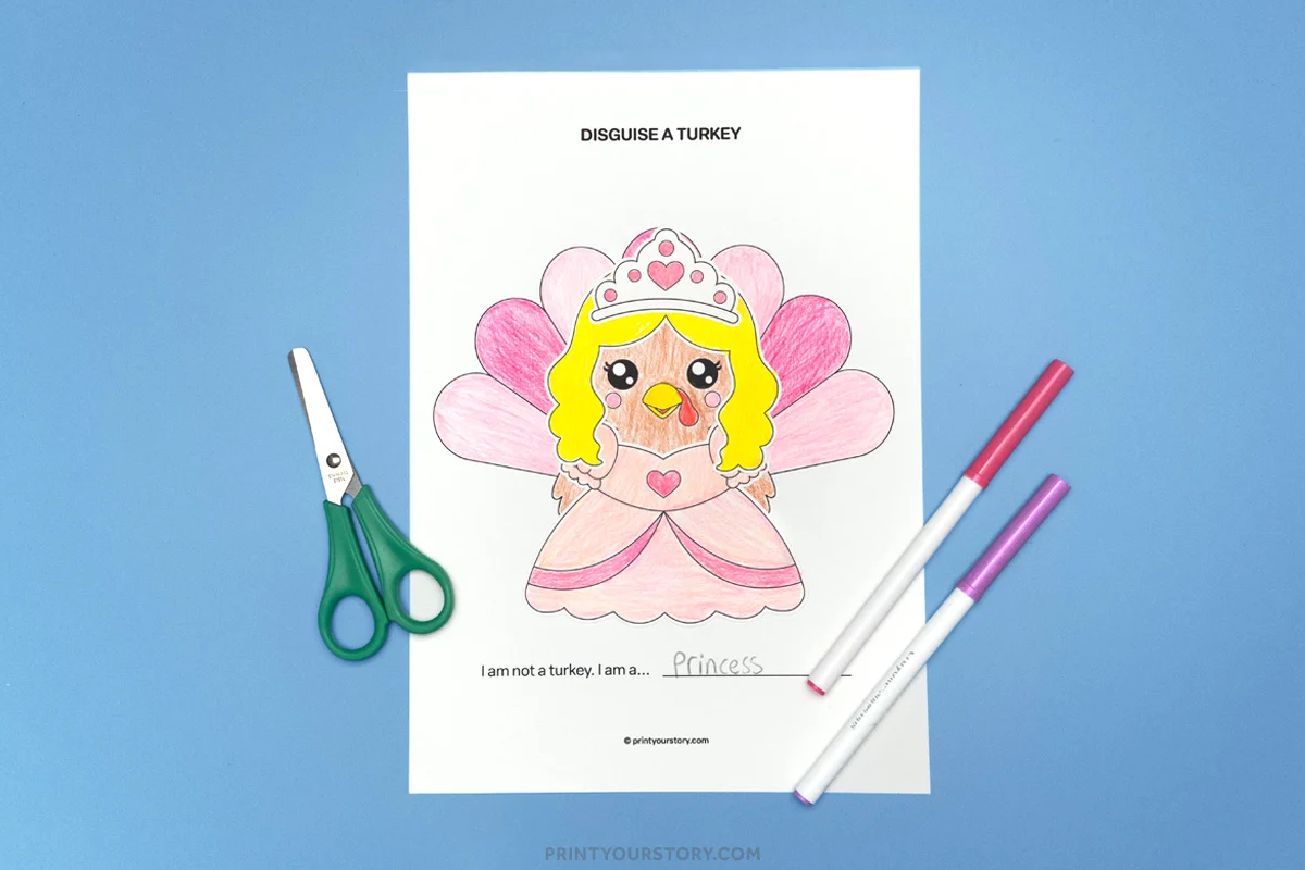 Printable Disguise a Turkey worksheet colored as a princess, with scissors and pink and purple markers