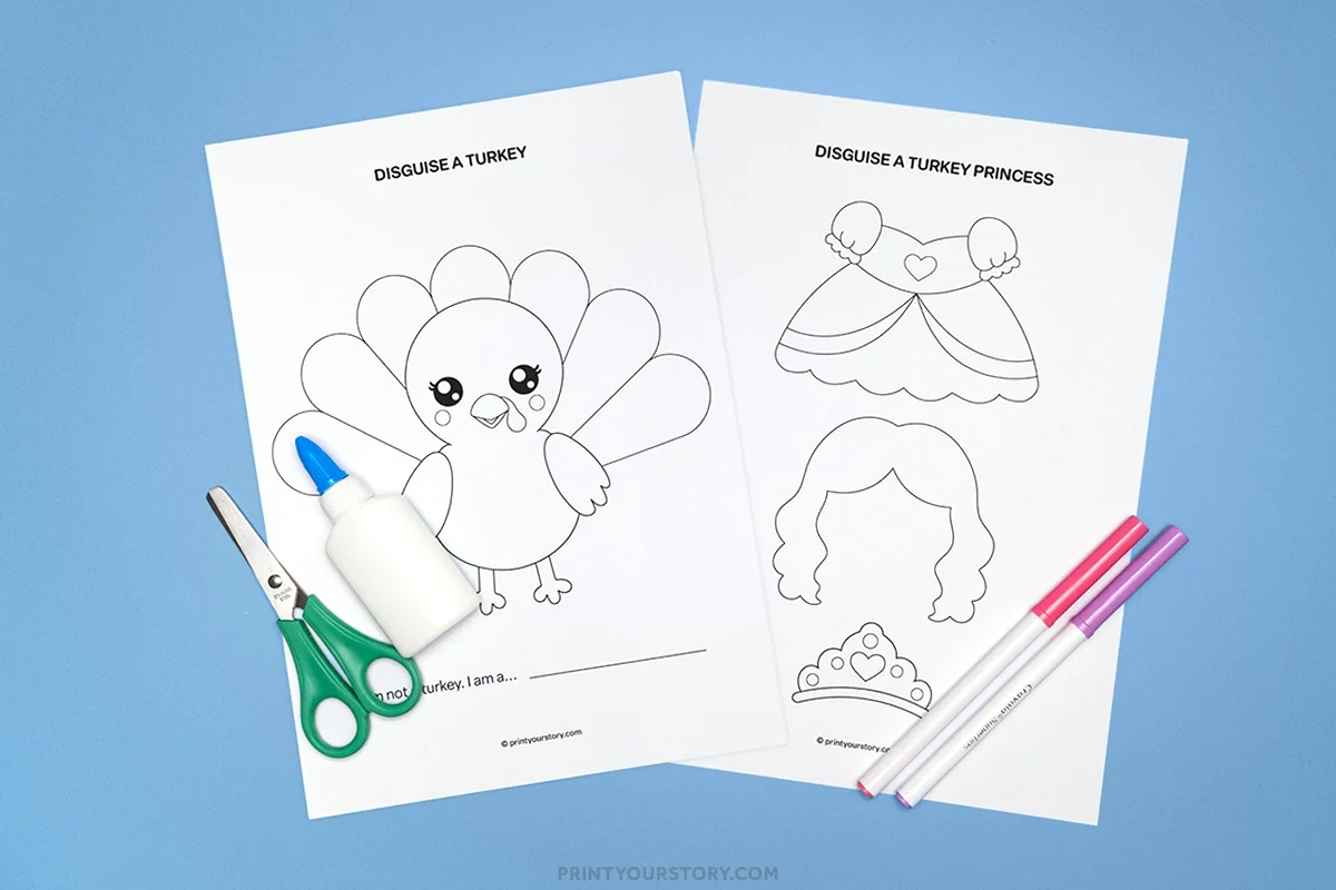 Disguise a Turkey princess printable worksheets with scissors, glue, and markers on a blue background