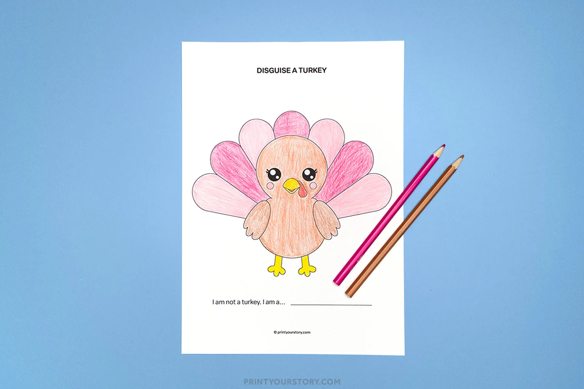 Colored Disguise a Turkey worksheet with a pink and peach turkey and two colored pencils on a blue background