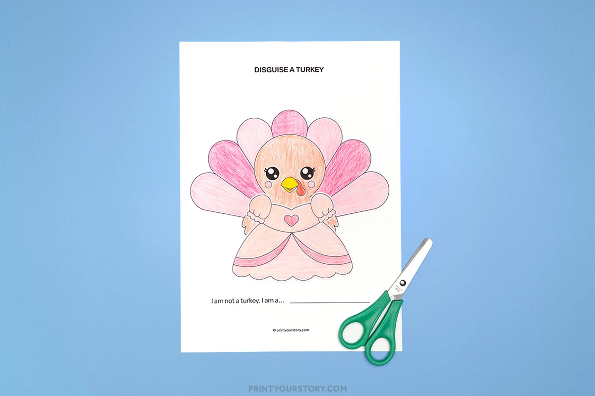 Colored disguise a turkey princess worksheet with pink dress and feathers, beside green scissors