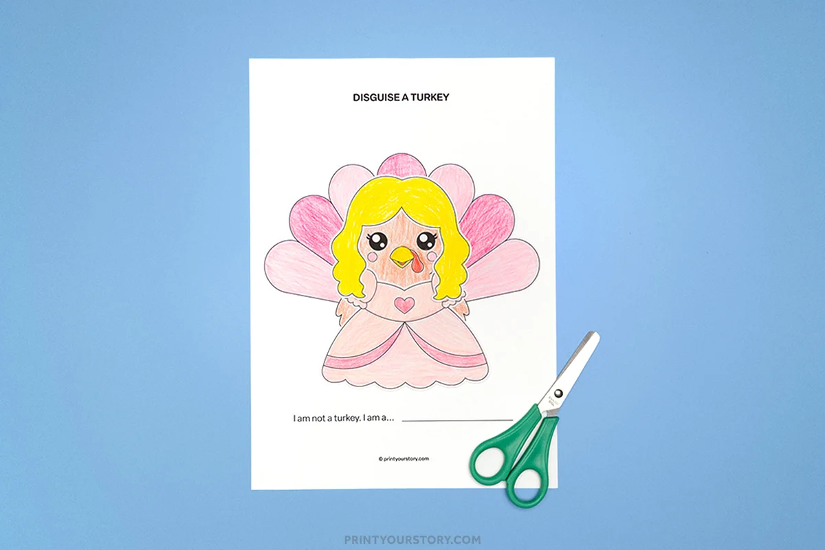 Colored disguise a turkey princess worksheet with pink dress and yellow hair, plus green scissors