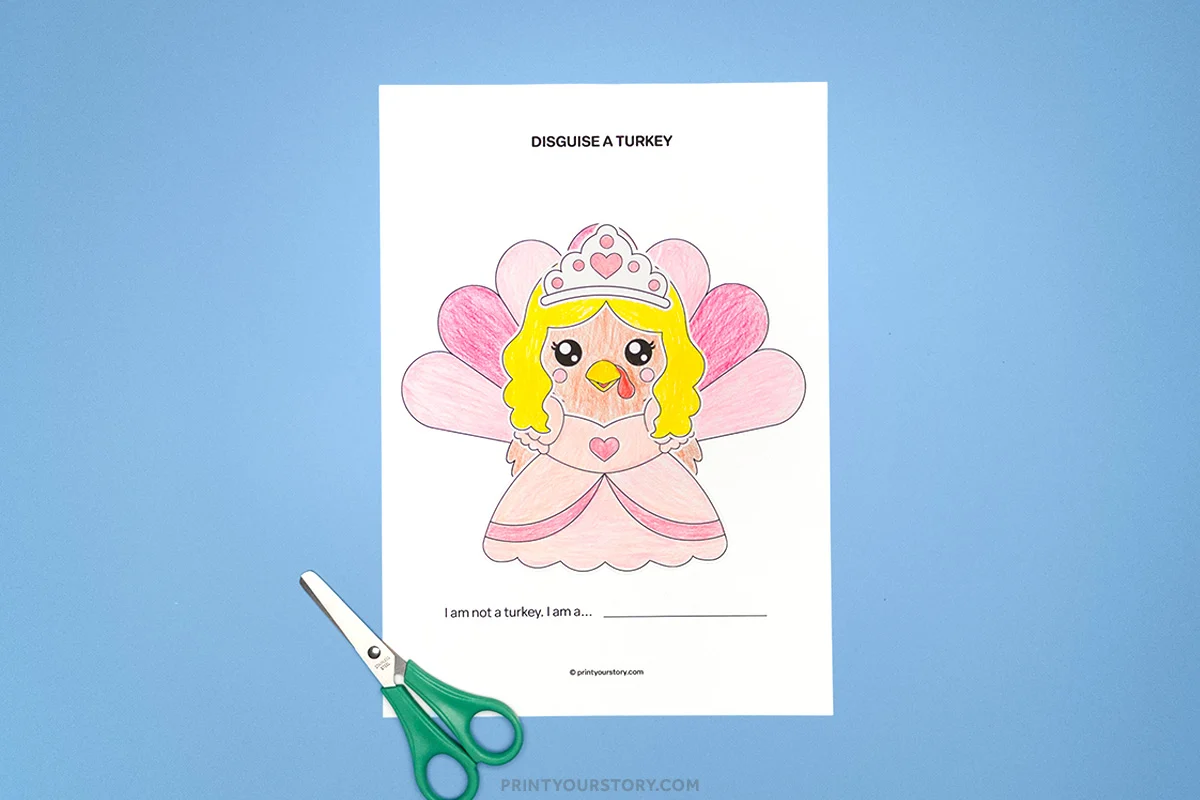 Colored disguise a turkey princess worksheet with pink dress, tiara, and green scissors on blue background
