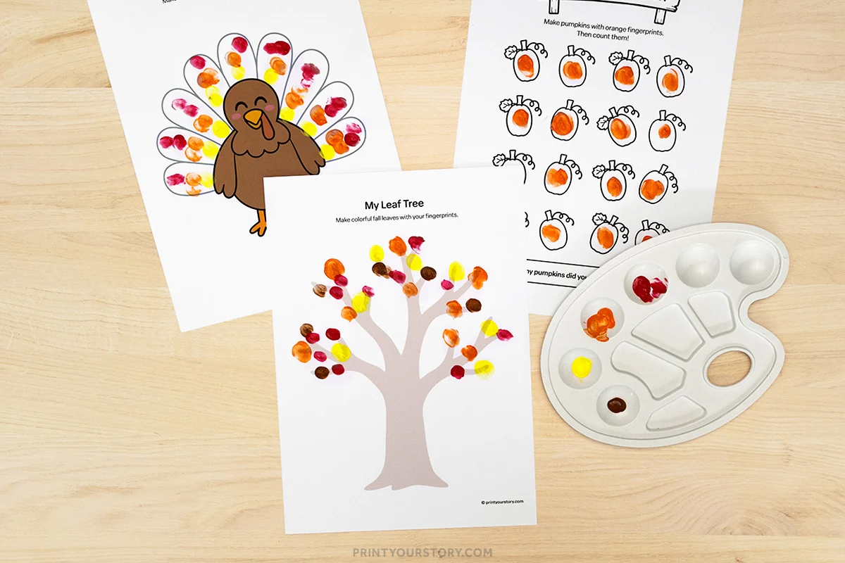 Fall fingerprint painting printables for kids with a leaf tree, turkey, pumpkin worksheet, and paint palette
