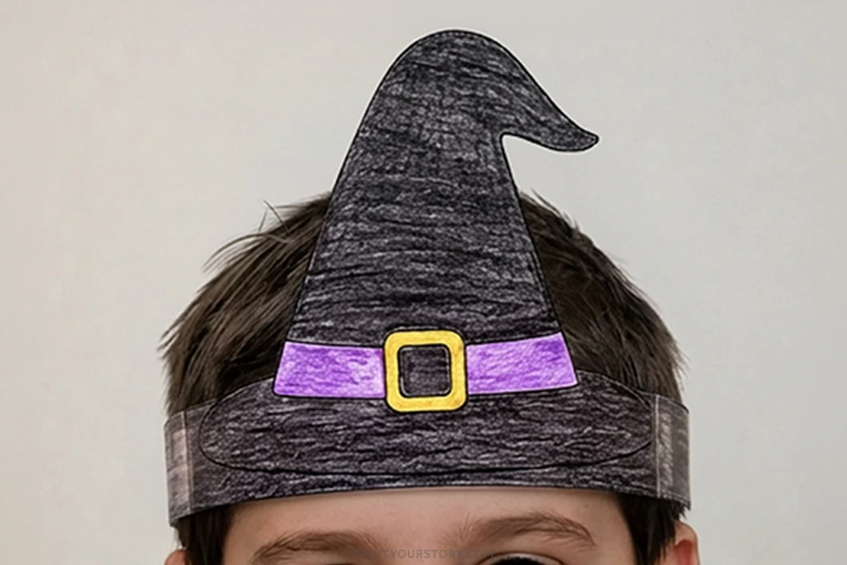 Child wearing a paper witch hat headband craft with a purple band and yellow buckle