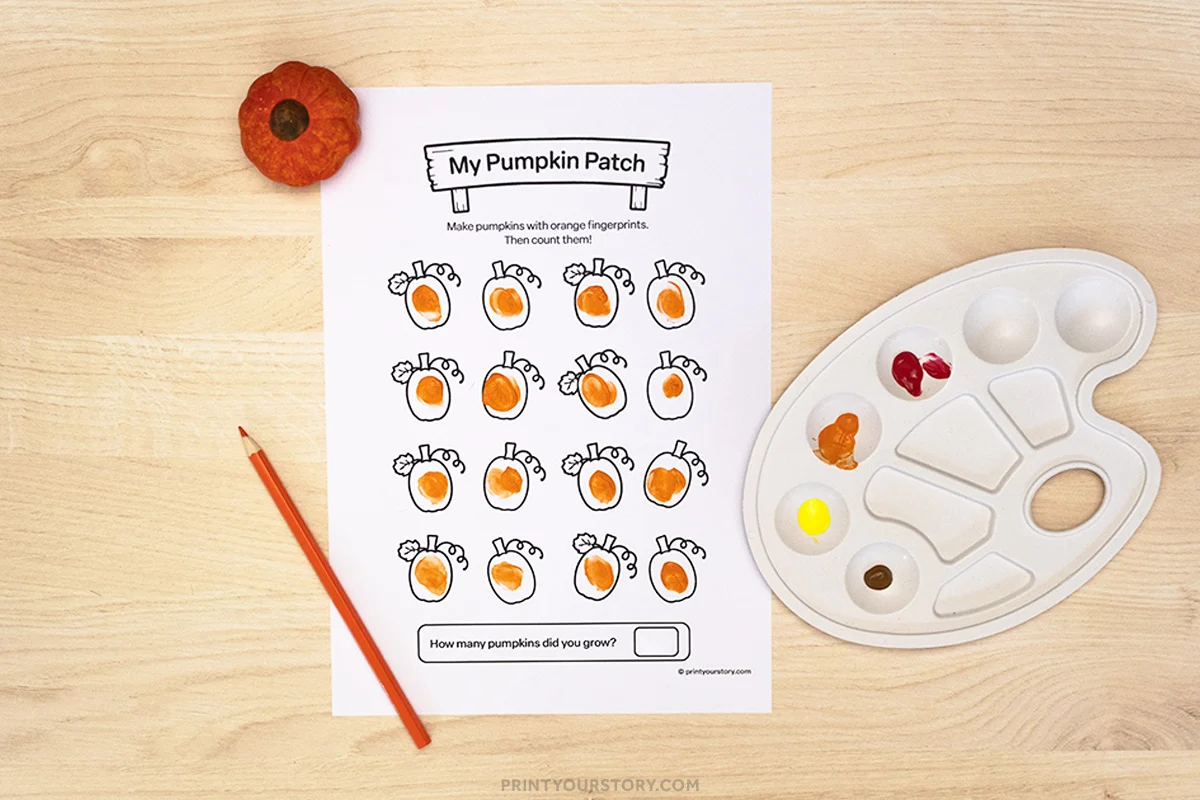 Pumpkin finger painting printable worksheet with orange fingerprint pumpkins, paint palette, pencil, and mini pumpkin