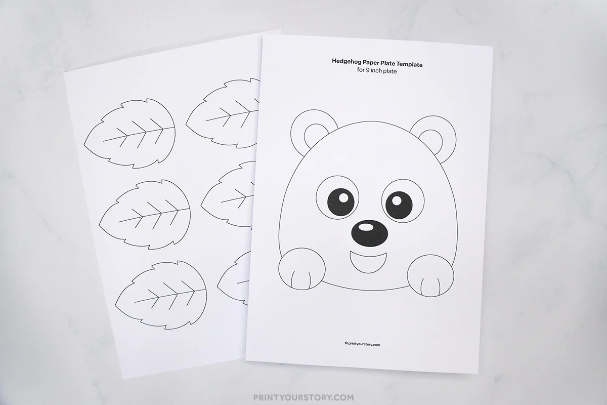 Printable hedgehog paper plate craft template with hedgehog face and leaf cutouts on two sheets