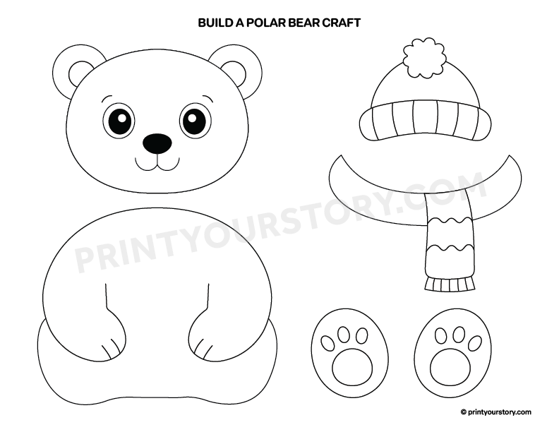 Printable polar bear craft template with cutout pieces for the bear, winter hat, scarf, and paw prints.