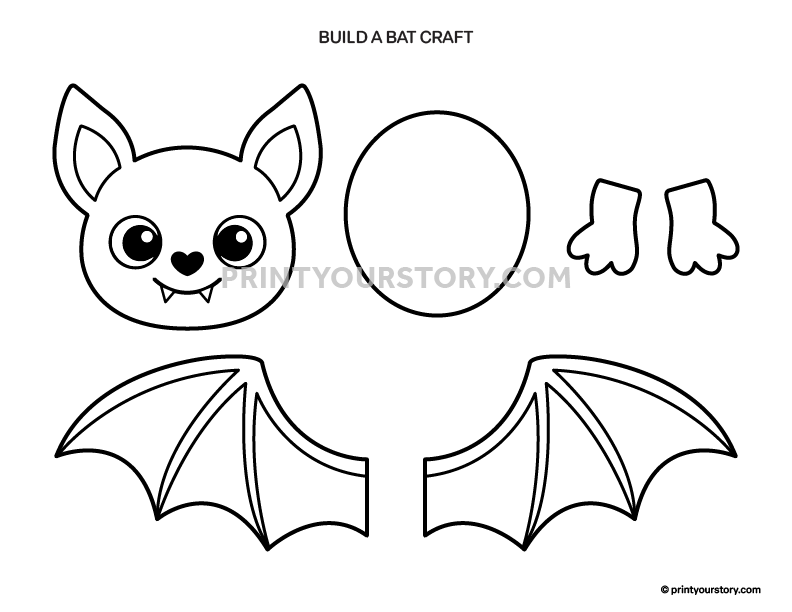 Black-and-white build a bat craft template with bat head, oval body, two feet, and two wings