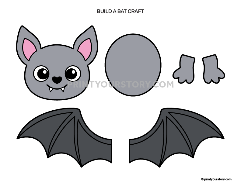 Printable build-a-bat craft template with colored bat head, body, wings, and feet for Halloween