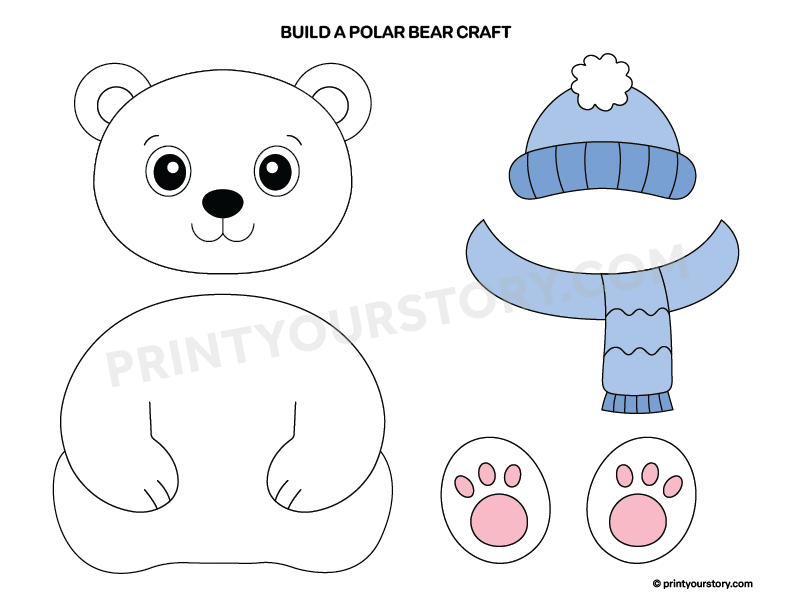 Printable polar bear craft template with bear head, body, blue hat and scarf, and two paw pieces