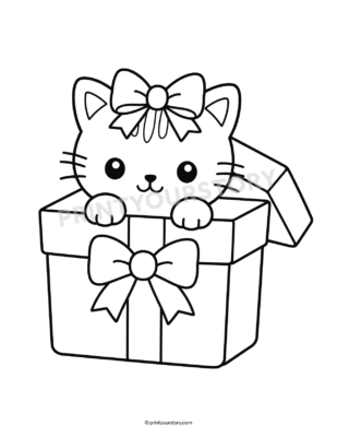 Cat peeking out of a Christmas gift box with bows, black-and-white coloring page