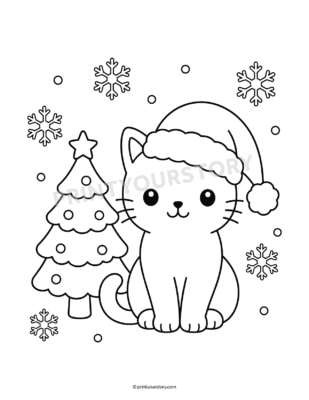 Cat wearing a Santa hat beside a Christmas tree and snowflakes coloring page