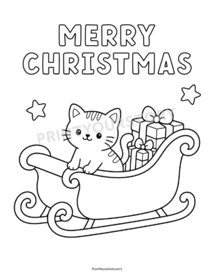 Cat Christmas coloring page with a kitten in a sleigh, presents, stars, and “Merry Christmas” text