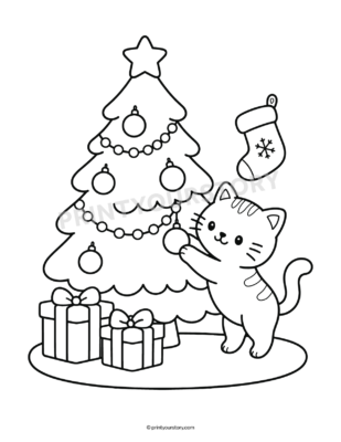 Cat decorating a Christmas tree with ornaments, with two presents and a hanging stocking coloring page