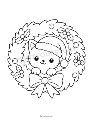 Cat wearing a Santa hat inside a Christmas wreath with holly and bow coloring page