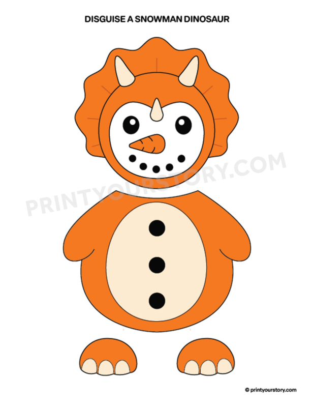 Printable snowman disguised as an orange dinosaur craft with triceratops-style frill, horns, and orange body pieces