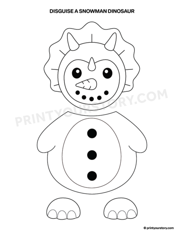 Printable snowman disguised as a dinosaur coloring page with triceratops frill, horns, carrot nose, and three buttons
