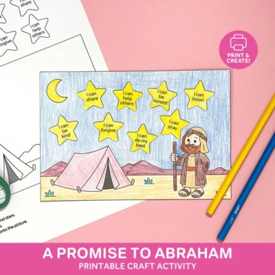 Printable Abraham Bible craft with tent, moon, and yellow stars labeled with kind actions and prayer