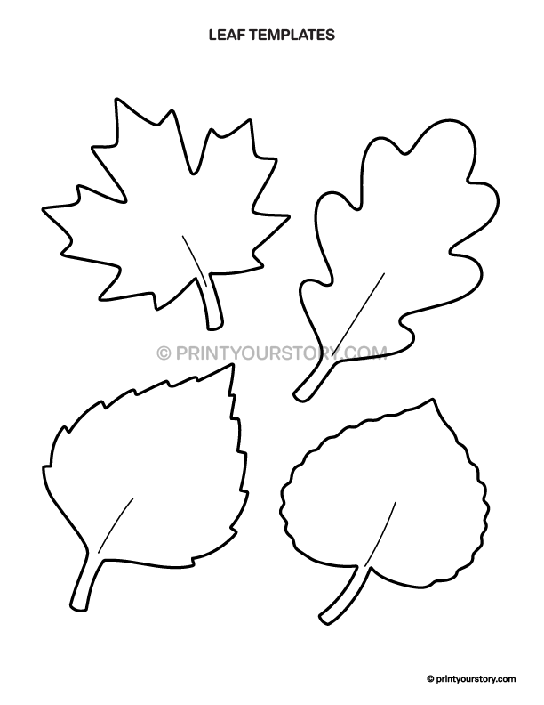 Printable leaf outline templates with four different leaf shapes on a white worksheet page
