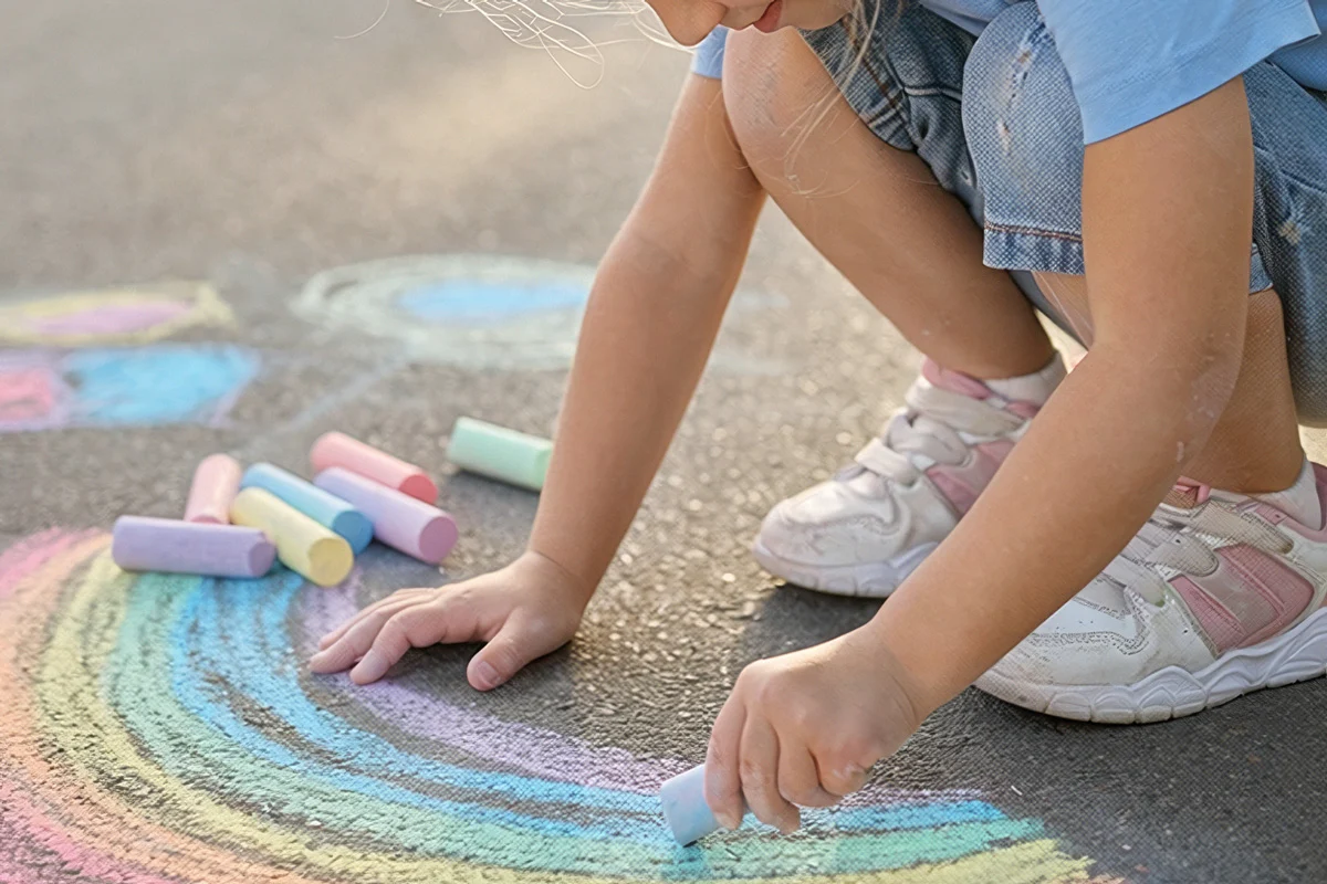 Child drawing a rainbow on pavement with colorful sidewalk chalk outdoors