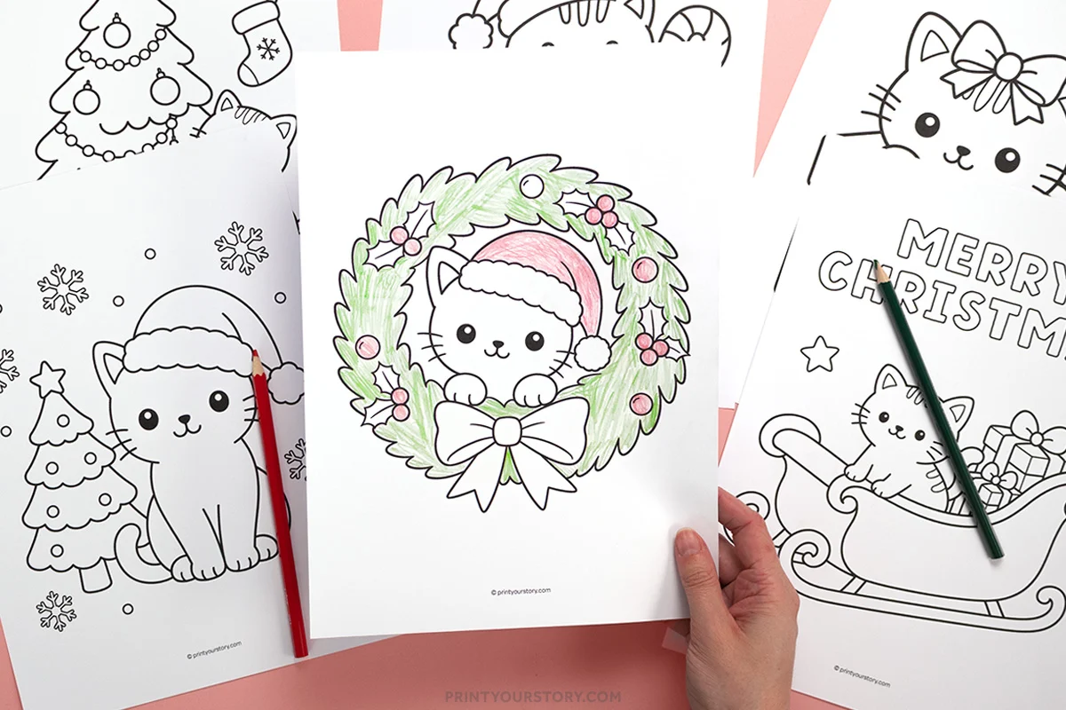 Cat Christmas coloring pages with kawaii cats, including a Santa cat in a wreath and holiday scenes with pencils