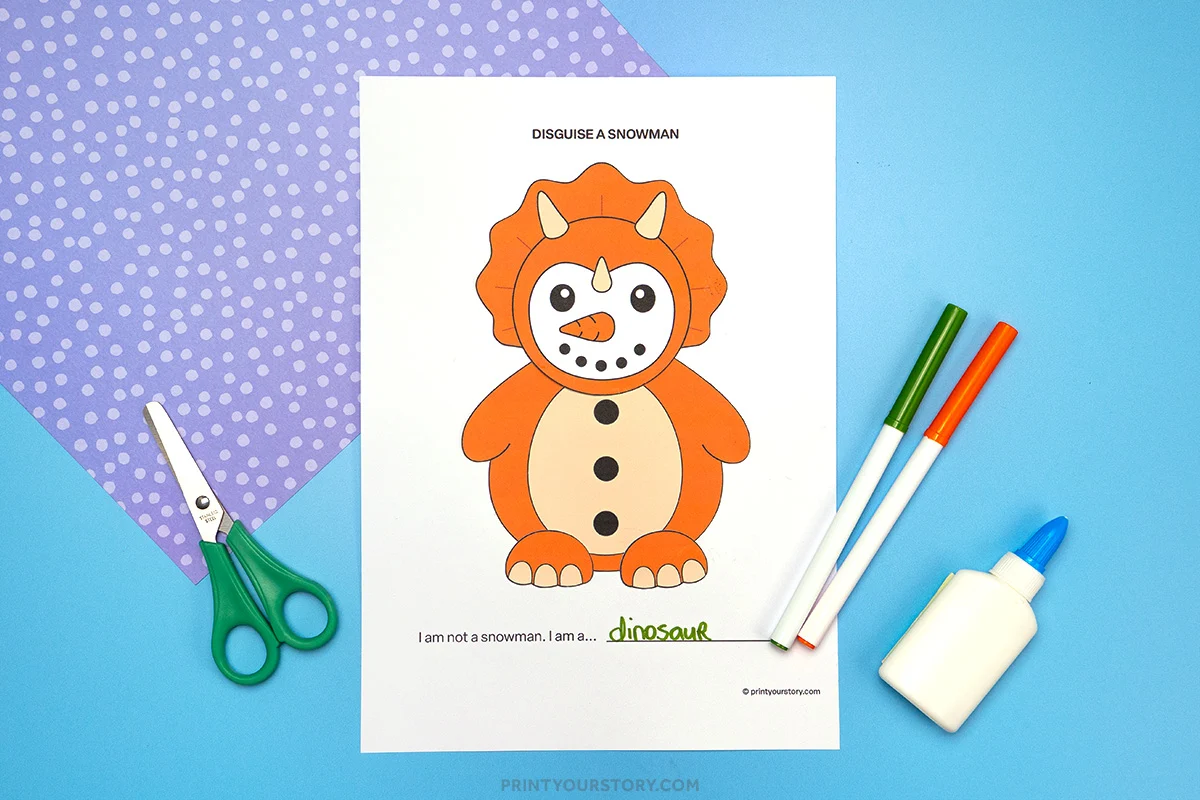 Printable disguise a snowman dinosaur craft worksheet with orange dinosaur costume, scissors, markers, and glue