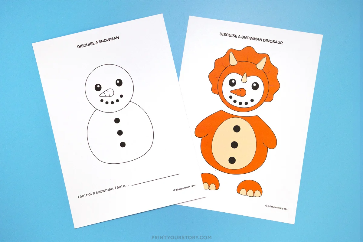 Printable Disguise a Snowman worksheet beside completed orange dinosaur snowman craft pieces