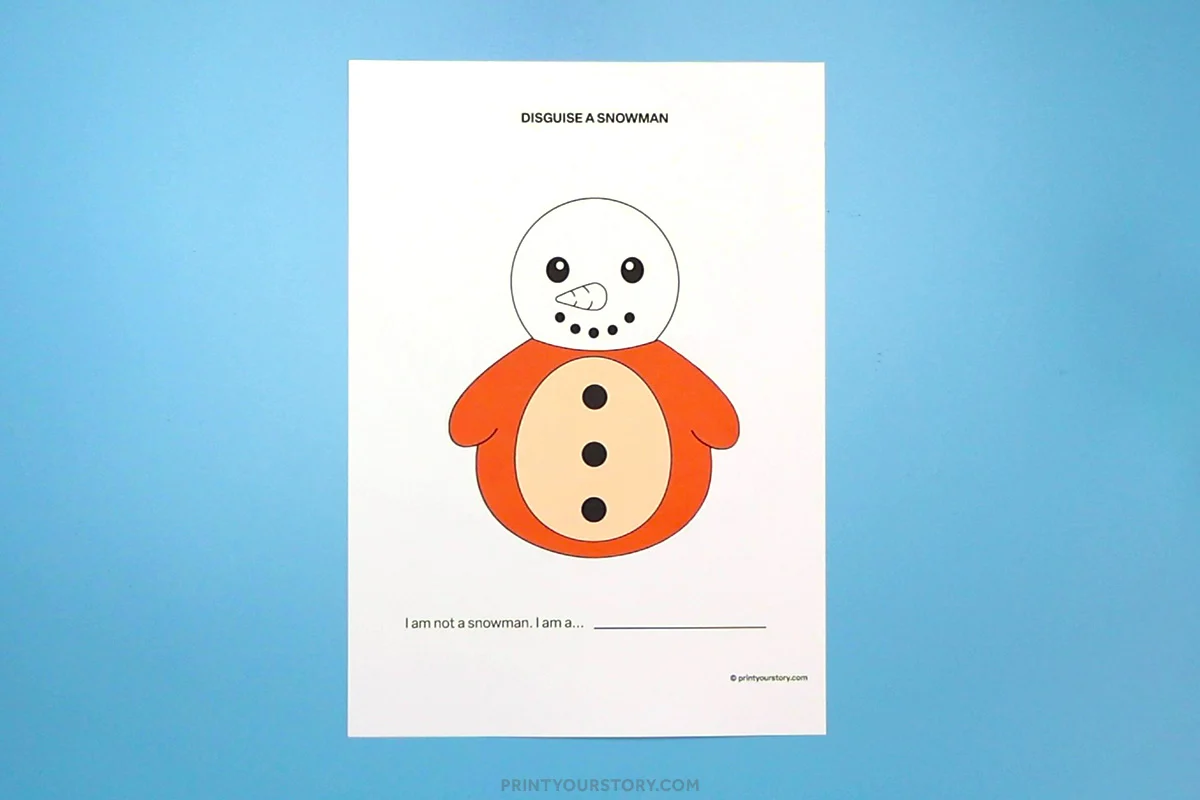 Printable disguise a snowman worksheet with a colored snowman body for a dinosaur craft activity