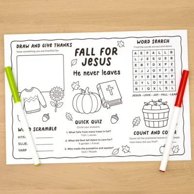 Fall for Jesus printable kids activity placemat with word search, word scramble, quiz, and coloring sections