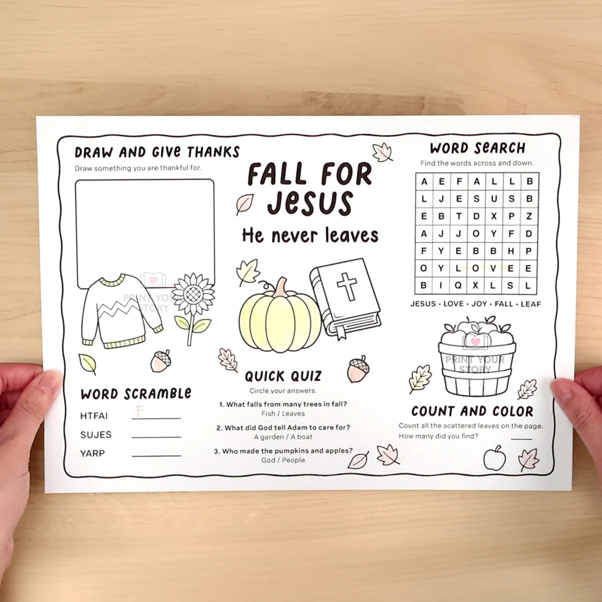 Fall for Jesus kids activity placemat printable with word search, word scramble, quiz, count-and-color, pumpkin and Bible