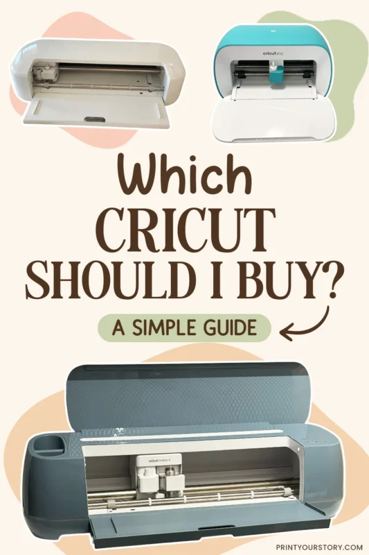 Comparison graphic of three Cricut cutting machines with text “Which Cricut Should I Buy? A Simple Guide”