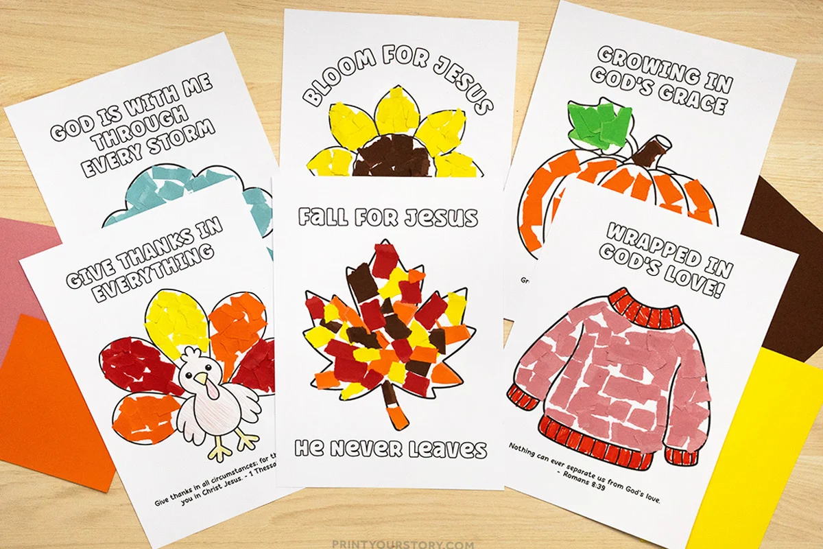 Six Christian fall torn paper crafts with a turkey, sunflower, pumpkin, leaf, sweater, and storm clouds on a table