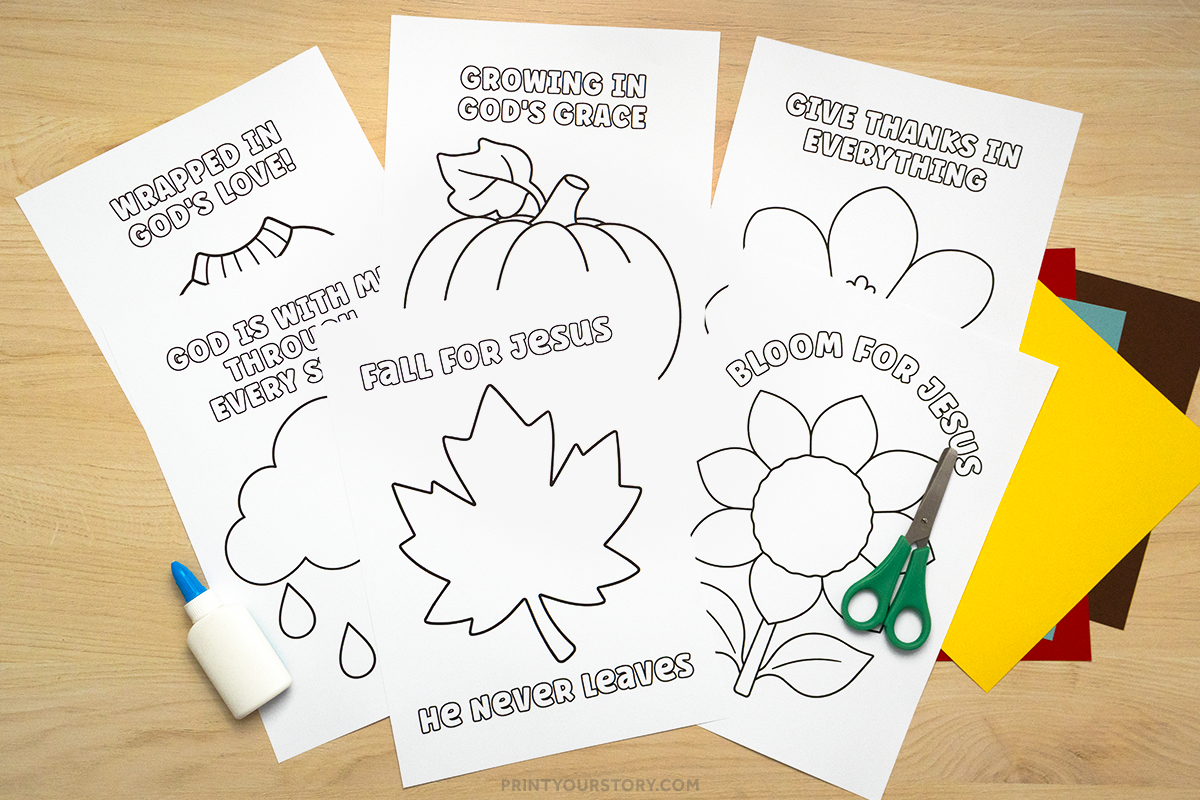 Christian fall torn paper craft printables with pumpkin, flower, leaf, cloud, scissors, glue, and colored paper
