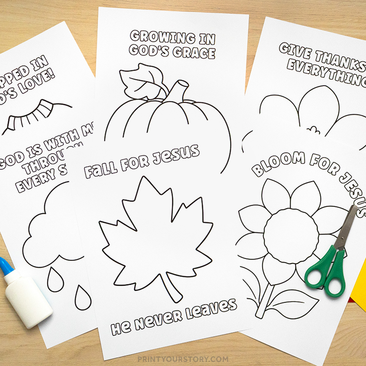 Christian fall torn paper craft printables with pumpkin, leaf, flower, cloud, scissors, and glue stick